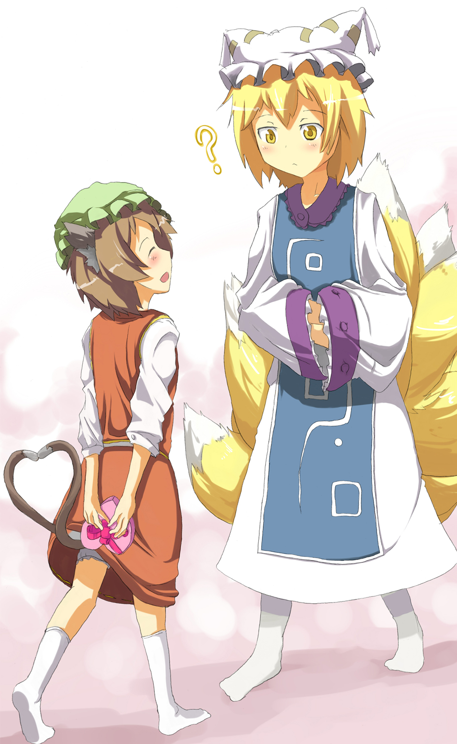 ? animal_ears bad_id bad_pixiv_id blonde_hair blush box brown_hair cat_ears cat_tail chen closed_eyes fox_tail gift hands_in_opposite_sleeves hat heart heart-shaped_box heart_tail highres long_sleeves multiple_girls multiple_tails no_shoes pillow_hat ratsuparu short_hair smile socks tail tassel touhou valentine white_background white_legwear wide_sleeves yakumo_ran