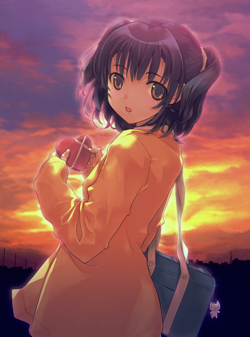 bag bangs black_hair brown_eyes cloud cloudy_sky coat dasoku_sentarou eyebrows_visible_through_hair from_side heart long_sleeves looking_at_viewer looking_to_the_side medium_hair open_mouth original outdoors shoulder_bag sky solo sunset two_side_up valentine