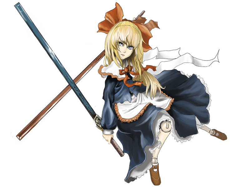 blonde_hair blue_eyes doll doll_joints dress ribbon ross_(clumzero) shanghai_doll solo sword touhou weapon