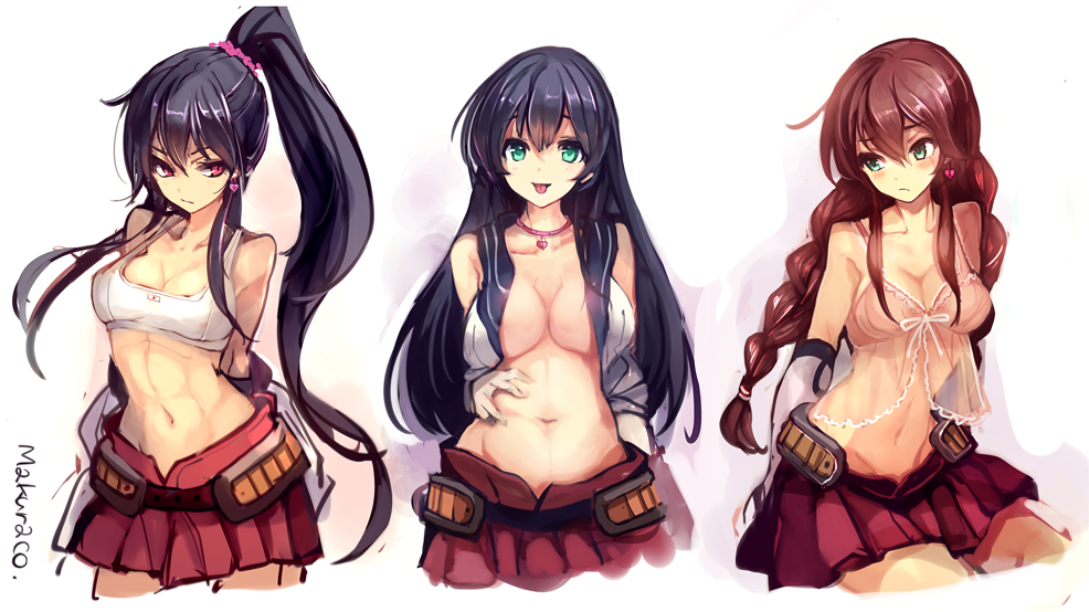 :p agano_(kantai_collection) alternate_costume babydoll bad_id bad_pixiv_id belly_grab black_hair braid breasts brown_hair cis_(carcharias) clothes_down gloves green_eyes kantai_collection large_breasts long_hair looking_at_viewer midriff miniskirt multiple_girls navel noshiro_(kantai_collection) open_mouth ponytail red_eyes red_skirt school_uniform serafuku skirt sports_bra tongue tongue_out underwear undressing yahagi_(kantai_collection)