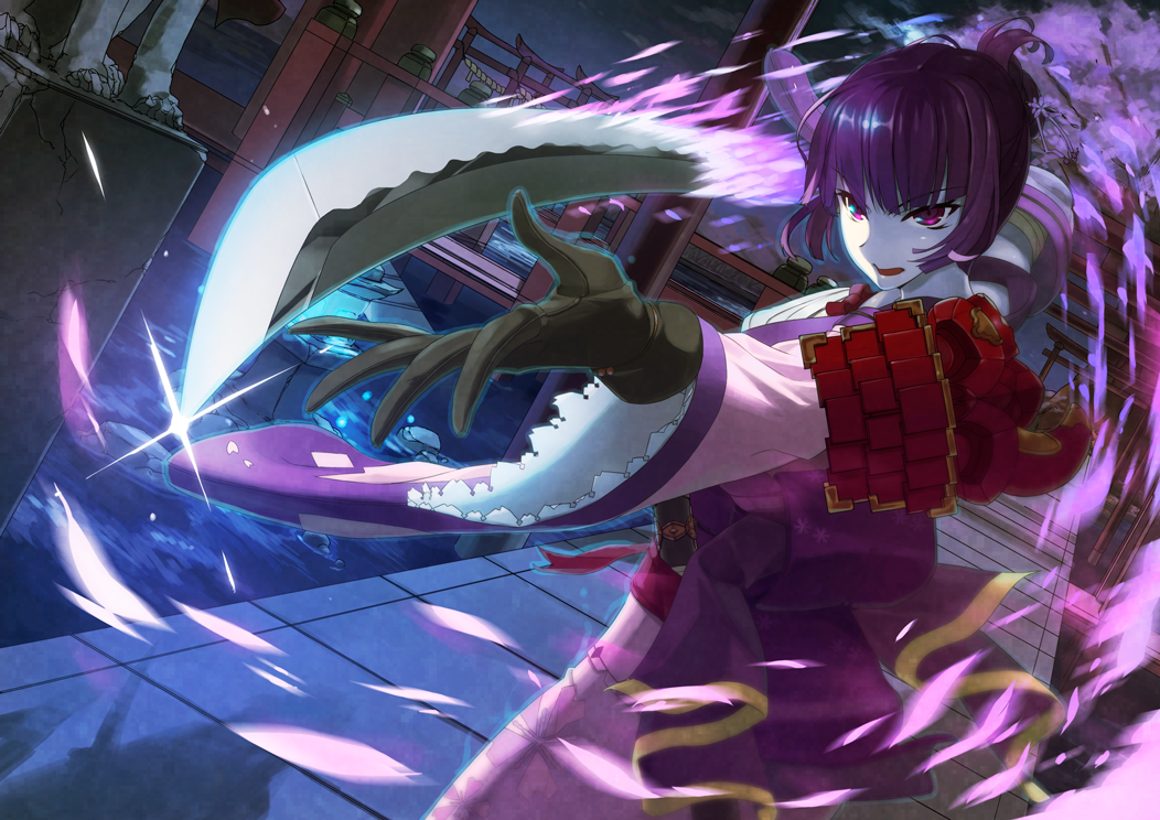 arm_up cherry_blossoms gloves katana night night_sky open_mouth original outstretched_arm purple_hair red_eyes short_hair sky solo sword torii tree u_nagi weapon