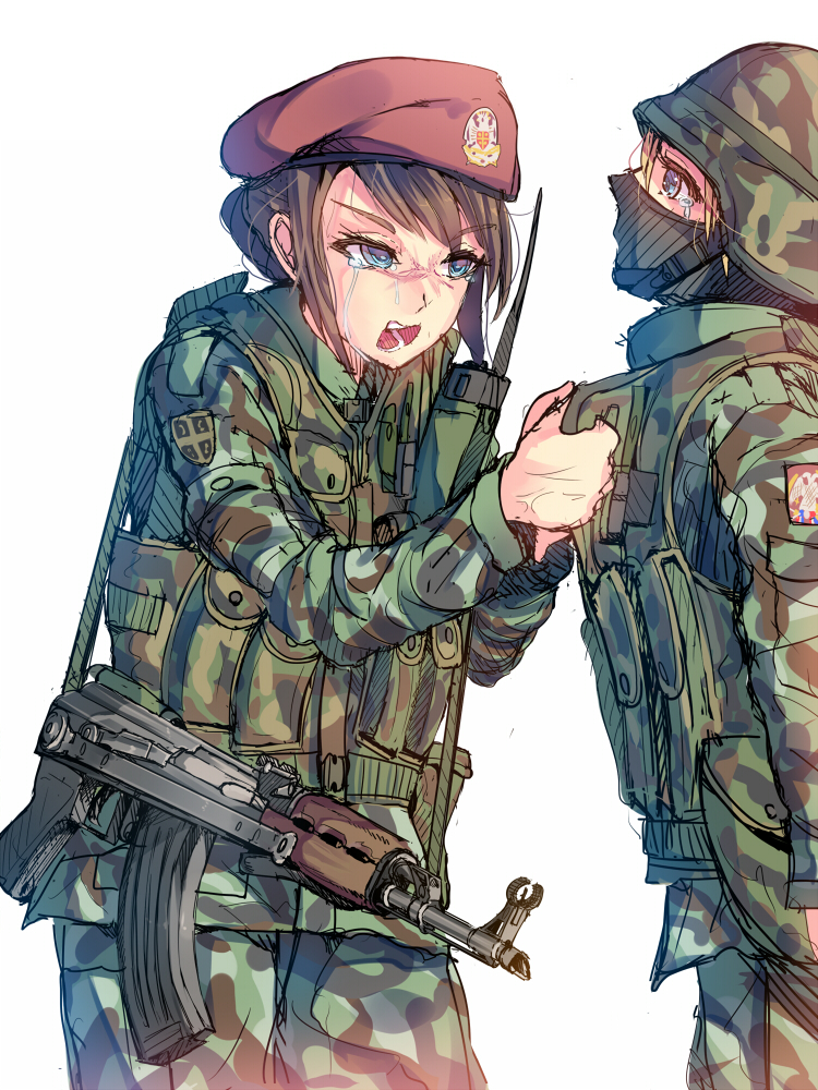 ak-47 akm akms assault_rifle balaclava blonde_hair blue_eyes brown_hair camouflage commentary_request crying crying_with_eyes_open daito face_mask gun load_bearing_vest mask military_operator multiple_girls original rifle serbia short_hair tears weapon zastava_m70