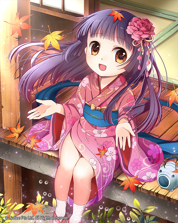 :d autumn_leaves brown_eyes japanese_clothes kimono long_hair looking_at_viewer open_mouth original purple_hair sitting smile solo tin_(wsp85205)