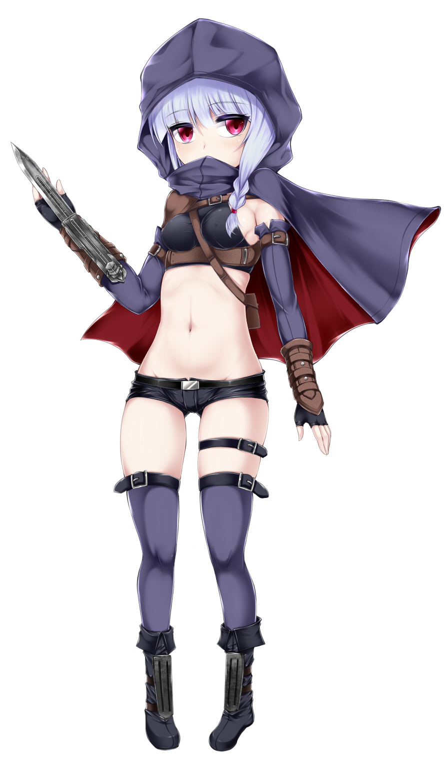 bare_shoulders bikini_top blue_hair boots braid cape covering_mouth eiyuu_chronicle elbow_gloves fingerless_gloves gloves highres hood looking_at_viewer midriff navel original red_eyes shimo_(depthbomb) short_shorts shorts solo thigh_strap thighhighs