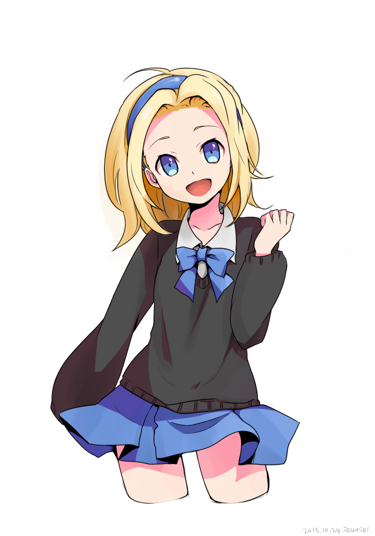 bad_id bad_pixiv_id blonde_hair blue_eyes contemporary goyain hairband league_of_legends looking_at_viewer luxanna_crownguard open_mouth ribbon short_hair smile solo transparent_background