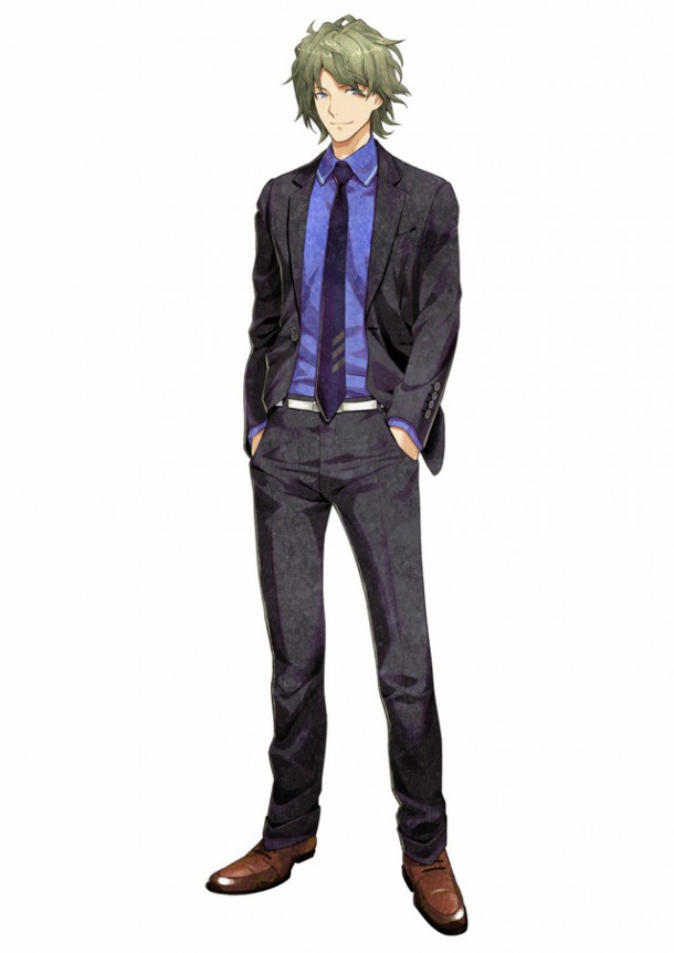 1boy 5pb. belt blue_eyes date_(disorder_6) disorder_6 formal green_hair hands_in_pockets looking_at_viewer male nagahama_megumi necktie official_art pants shoes short_hair simple_background smile solo standing suit uniform white_background