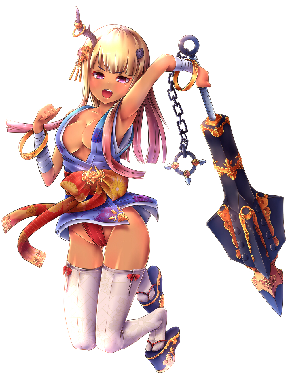 bad_id bad_pixiv_id bandages blonde_hair breasts chain cleavage clog_sandals club combat_s-ko floral_print hair_ornament highres horns japanese_clothes kanabou loincloth long_hair medium_breasts obi oni open_mouth original purple_eyes sash solo thighhighs weapon white_legwear