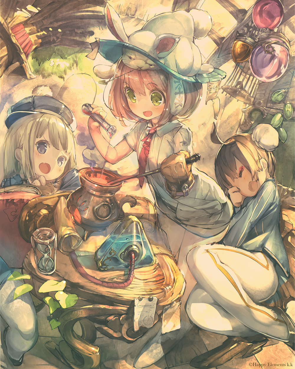 ahoge alchemy animal_hat birdcage blonde_hair blue_eyes book brown_hair bun_cover bunny_hat cage fang fig_(happy_elements) gift_(majoca_majoluna) green_eyes hair_bun hat highres hourglass long_hair majoca_majoluna majoko_(majoca_majoluna) mittens multiple_girls necktie open_book open_mouth pot round-bottom_flask short_hair sitting vial watermark white_legwear whoopin yawning