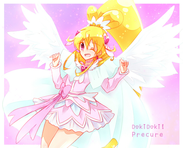 ;d aida_mana blonde_hair bow cape choker copyright_name cure_heart cure_heart_parthenon_mode curly_hair dokidoki!_precure hagihara_riku hair_ornament half_updo heart heart_hair_ornament long_hair magical_girl one_eye_closed open_mouth pink_background pink_bow pink_eyes pink_sleeves precure ribbon skirt smile solo wings