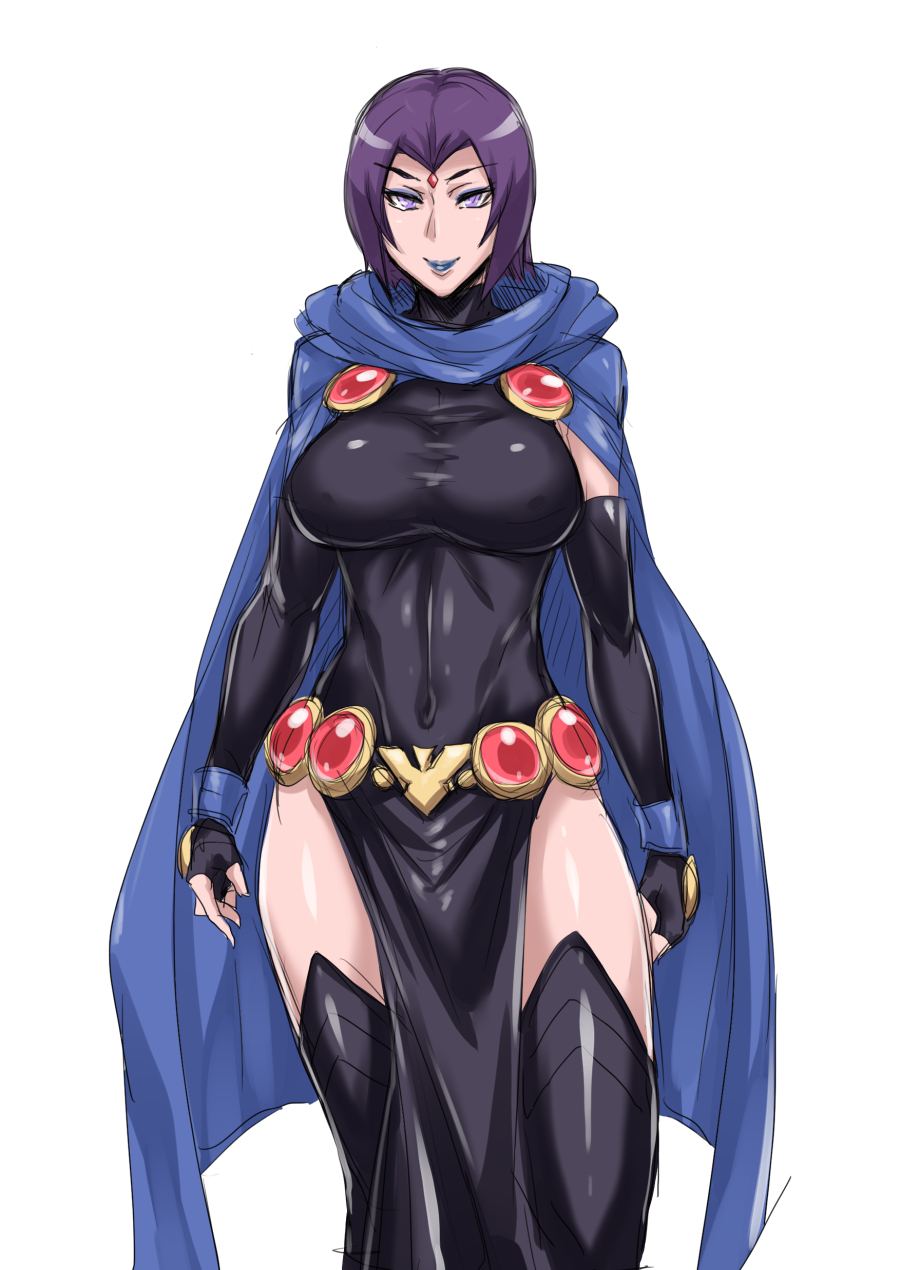 belt black_beat breasts cape covered_navel dc_comics elbow_gloves fingerless_gloves forehead_jewel gloves highres large_breasts leotard lips pelvic_curtain purple_eyes purple_hair raven_(dc) short_hair sketch skin_tight smile teen_titans thighhighs