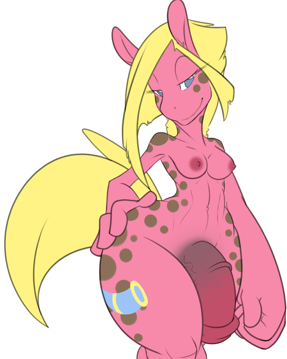alpha_channel anthro anthrofied blonde_hair blue_eyes breasts cutie_mark dark_rozga dickgirl equine fur hair half-closed_eyes horse intersex mammal my_little_pony nude original_character penis pink_fur plain_background pony rozga smile solo spots transparent_background wide_hips