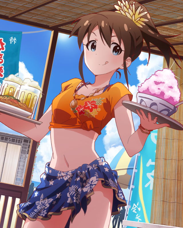 :p alcohol beach beer blue_eyes bracelet brown_hair cloud crop_top day floral_print food hair_ornament idolmaster idolmaster_million_live! jewelry licking_lips looking_at_viewer midriff navel necklace official_art ponytail sarong satake_minako shaved_ice shirt sky solo tied_shirt tongue tongue_out tray