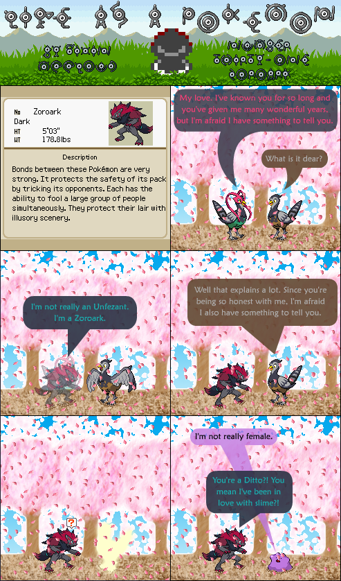 avian claws comic ditto female humor male nintendo pok&#233;mon pok&eacute;mon text unfezant unown video_games vixin_mccloud webcomic zoroark