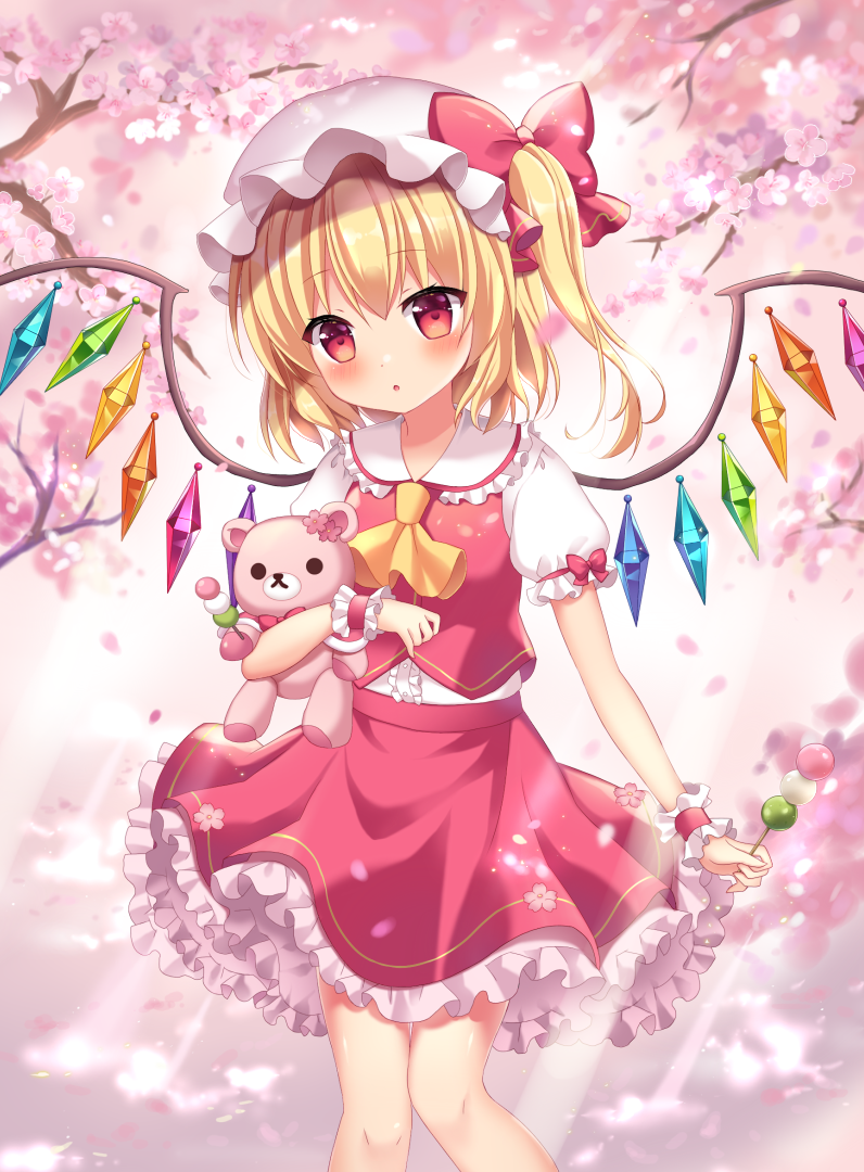 1girl :o ascot blonde_hair blush bow cherry_blossoms commentary crystal dango flandre_scarlet flower food frilled_shirt_collar frilled_sleeves frills hair_bow hat holding holding_food holding_stuffed_animal looking_at_viewer mayo_(miyusa) medium_hair mob_cap one_side_up parted_lips petticoat puffy_short_sleeves puffy_sleeves red_bow red_eyes red_skirt red_vest sanshoku_dango shirt short_sleeves skirt skirt_set solo standing stuffed_animal stuffed_toy teddy_bear touhou tree_branch vest wagashi white_shirt wings wrist_cuffs yellow_neckwear