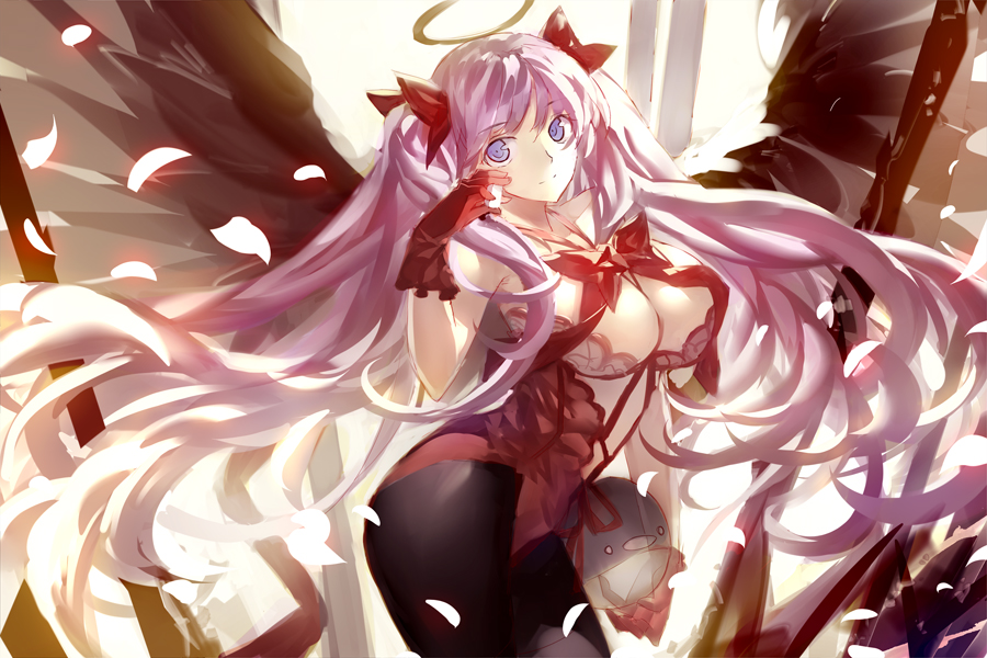 angel angel_wings breasts cherry_blossoms cleavage etopen gloves hair_ornament halo haramura_nodoka large_breasts long_hair miyazaki_byou pantyhose pink_hair purple_eyes ribbon saki smile solo twintails very_long_hair wings