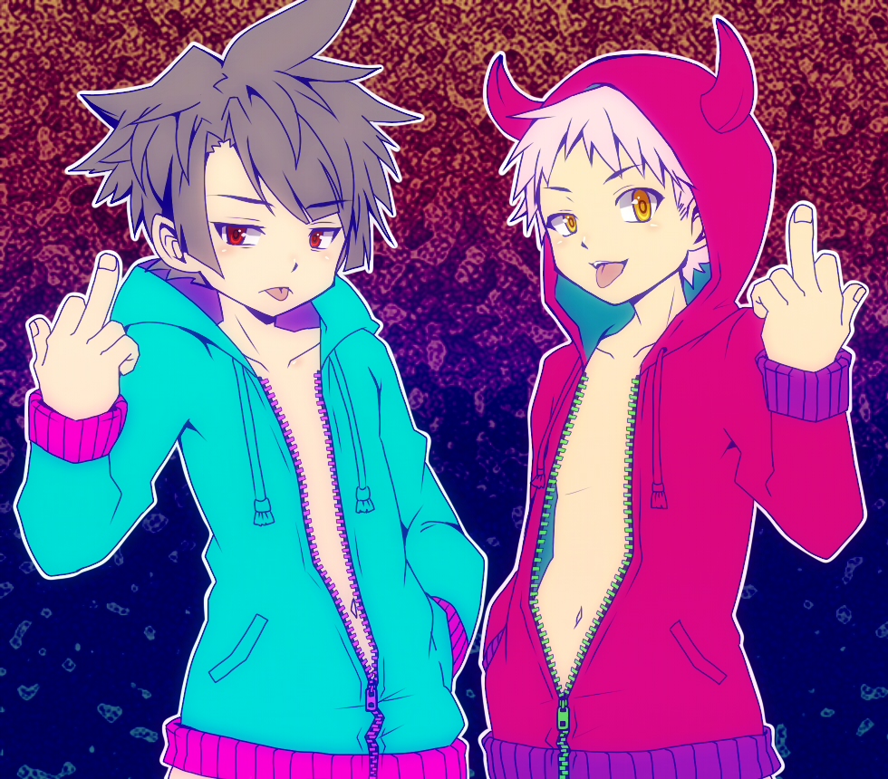 blush bottomless child hood hoodie male male_focus middle_finger multiple_boys navel oginy parka short_hair simple_background tongue tongue_out