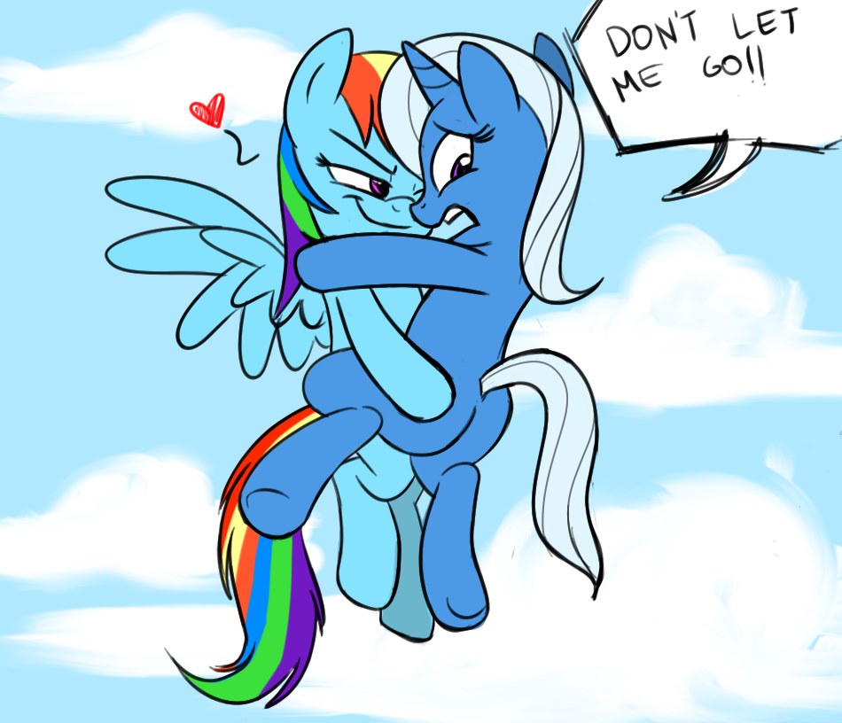 &lt;3 blue_fur cloud dialog duo english_text equine female feral friendship_is_magic fur grin hair half-closed_eyes holding horn horse lesbian mammal multi-colored_hair my_little_pony outside pegasus pony purple_eyes rainbow_dash_(mlp) rainbow_hair redapropos scared text thex-plotion trixie_(mlp) unicorn wings