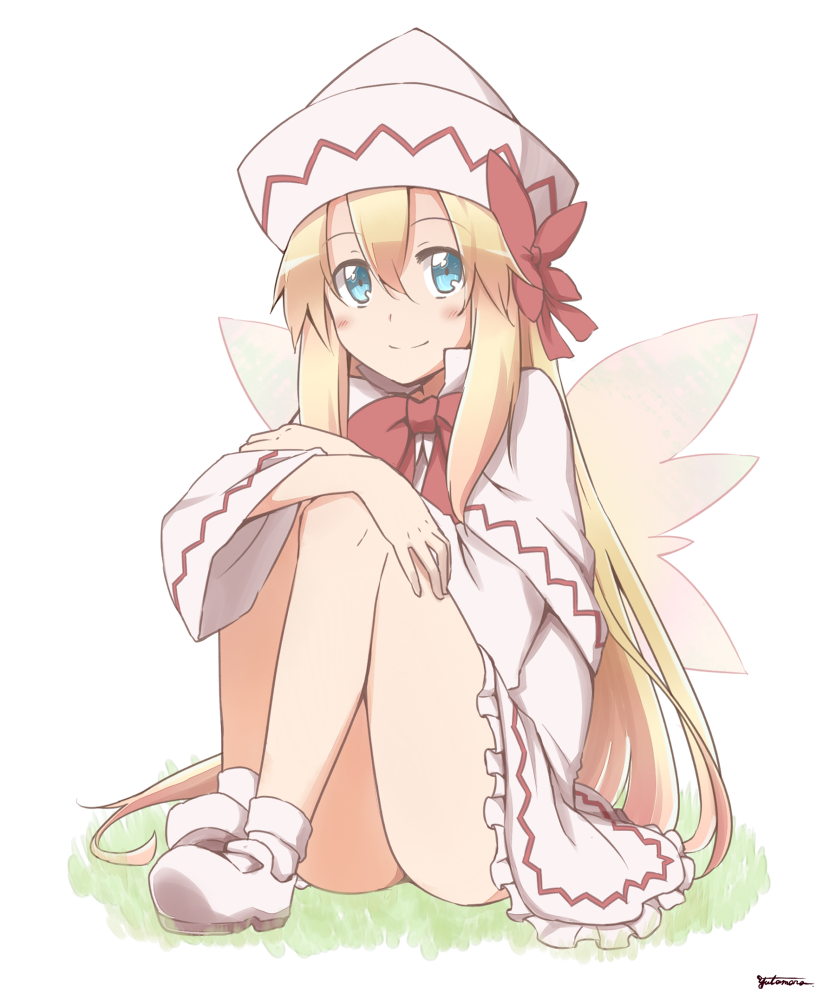 blonde_hair blue_eyes bow capelet dress fairy_wings hair_bow hat leg_hug lily_white long_hair looking_at_viewer sitting smile solo touhou very_long_hair white_dress wings yutamaro