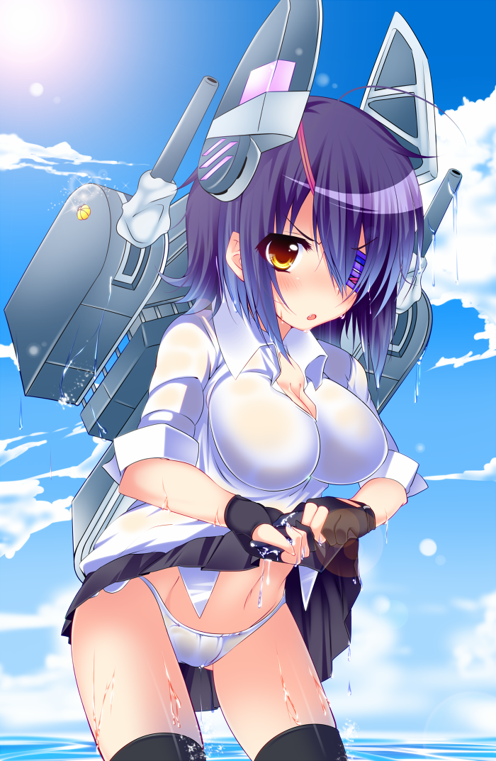 ahoge bad_id bad_pixiv_id blue_sky blush breasts cleavage day eyepatch fang fingerless_gloves gloves haruta_(806060) headgear kantai_collection large_breasts looking_at_viewer machinery midriff navel open_mouth panties purple_hair short_hair skirt sky solo tenryuu_(kantai_collection) thighhighs turret underwear water wet wringing_clothes wringing_skirt yellow_eyes