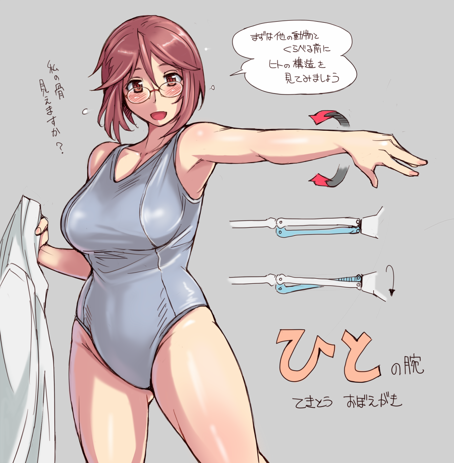 blush breasts brown_eyes brown_hair flying_sweatdrops glasses large_breasts older one-piece_swimsuit rozen_maiden short_hair solo souseiseki swimsuit translation_request tsuda_nanafushi