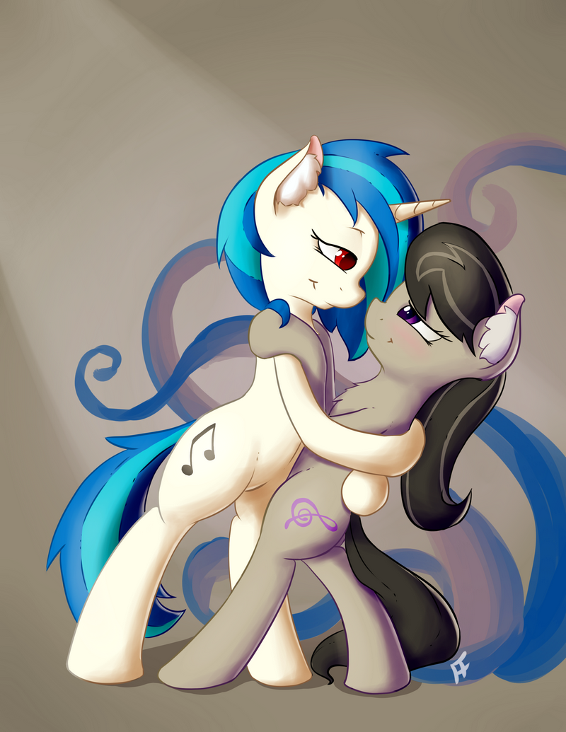 black_hair blue_hair blush close couple cutie_mark duo ear_fluff equine fearingfun female friendship_is_magic hair horn horse hug mammal my_little_pony octavia_(mlp) pony purple_eyes red_eye red_eyes two_tone_hair unicorn vinyl_scratch_(mlp)