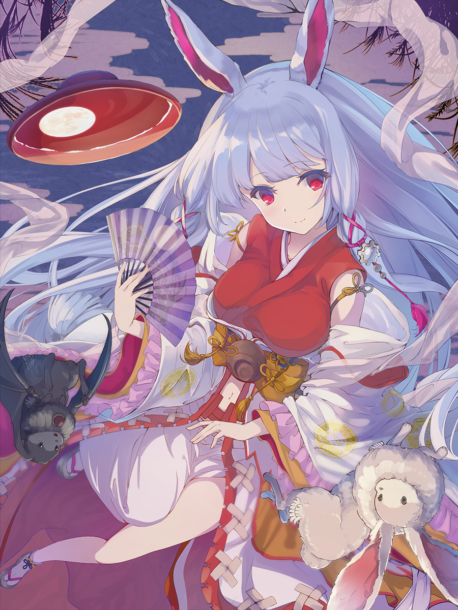 1girl animal_ears bare_shoulders black_rabbit_(animal) blue_hair blunt_bangs blush breasts closed_mouth coffee1223 commentary cup detached_sleeves floating_hair folding_fan foreshortening frilled_sleeves frills full_body full_moon granblue_fantasy hair_ribbon hand_fan highres holding holding_fan kaguya_(granblue_fantasy) large_breasts long_hair long_sleeves looking_at_viewer moon navel rabbit rabbit_ears red_eyes red_ribbon red_shirt reflection reflective_water ribbon sakazuki sandals shirt sidelocks sleeveless sleeveless_shirt smile solo tabi very_long_hair white_rabbit_(animal) wide_sleeves