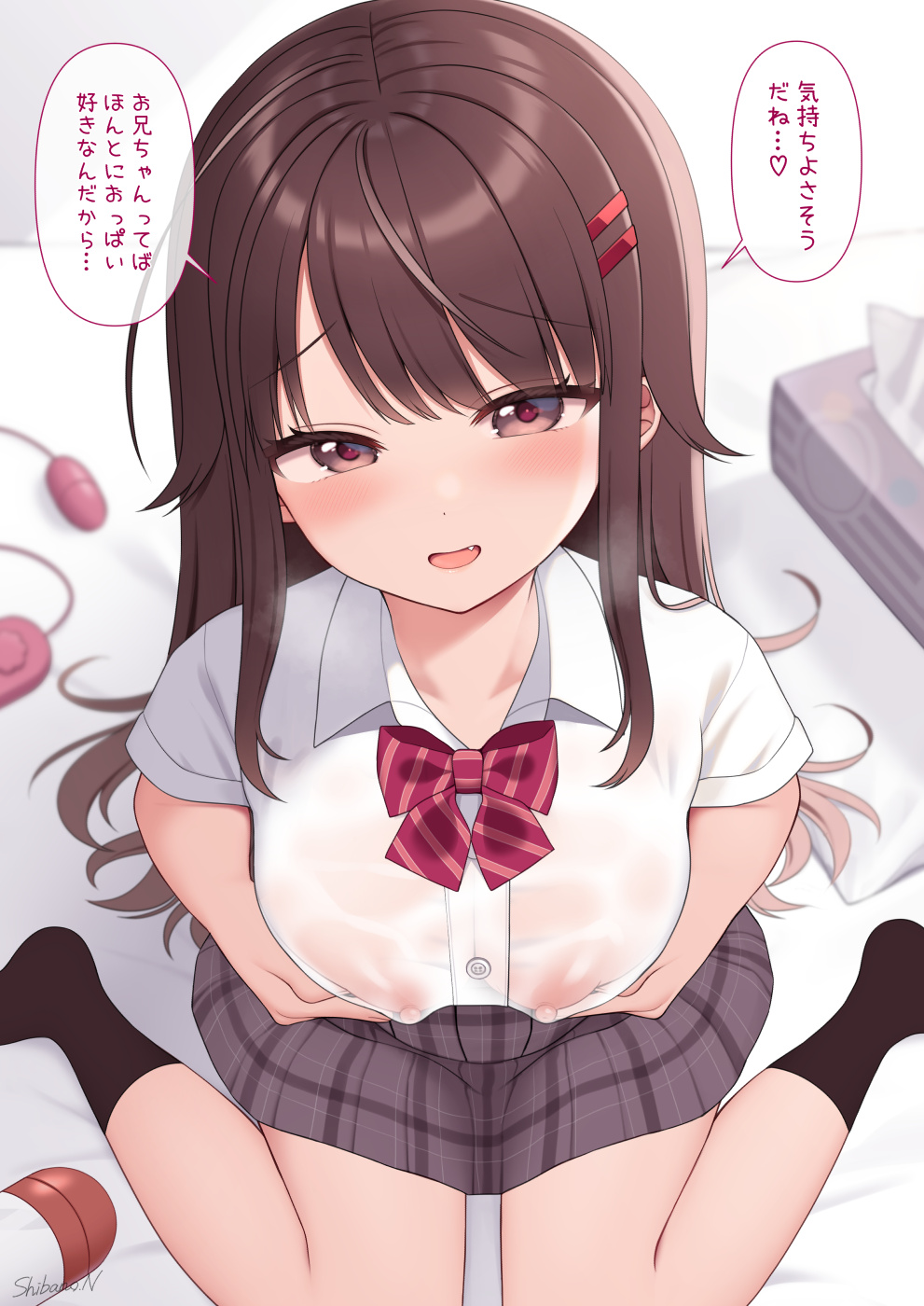 1girl artist_name black_skirt black_socks blush bow bowtie breast_lift breasts brown_hair collared_shirt commentary_request covered_nipples fang furrowed_brow grey_eyes hair_ornament hairclip half-closed_eyes highres large_breasts long_hair looking_at_viewer mao-chan_(uramakaron) nipples on_bed open_mouth original plaid plaid_skirt red_bow red_bowtie red_pupils school_uniform see-through see-through_shirt shirt short_sleeves sitting skirt smile socks solo striped striped_bow striped_bowtie tissue_box translation_request uramakaron wariza wet wet_clothes wet_shirt white_shirt