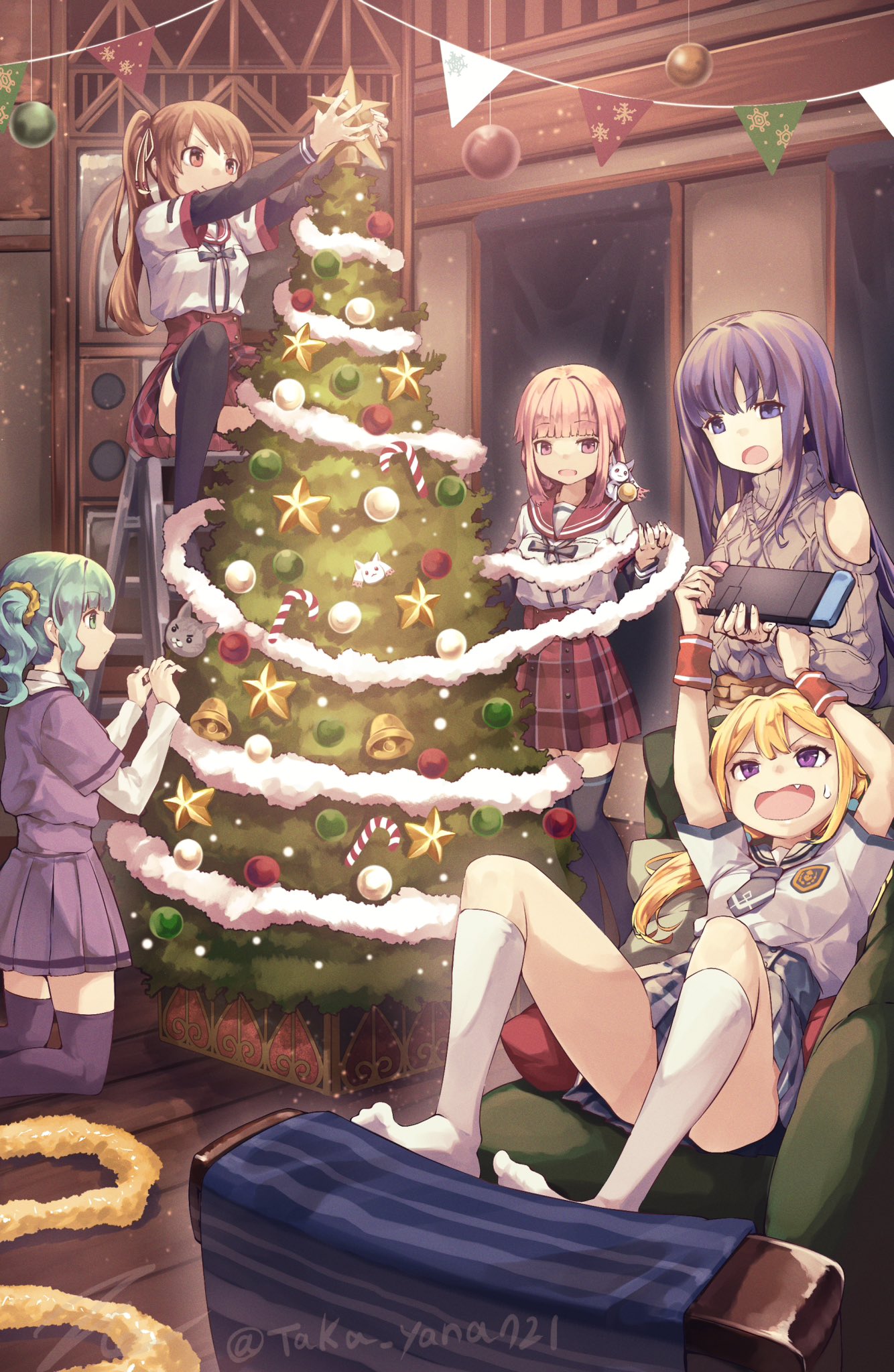 5girls :d :o aqua_eyes aqua_hair arms_up bell black_thighhighs blonde_hair blue_eyes blue_hair blue_necktie blue_skirt blue_socks blunt_bangs box braid breast_pocket brown_eyes brown_hair buttons candy carpet center_frills chair christmas christmas_lights christmas_ornaments christmas_tree clothing_cutout collared_shirt convenient_leg couch detached_sleeves dot_nose dress dutch_angle fang food frilled_shirt frilled_skirt frilled_sleeves frills fur-trimmed_sleeves fur_trim futaba_sana gift gift_box green_eyes green_hair grey_shirt hair_between_eyes hair_ornament hair_ribbon hair_scrunchie handheld_game_console highres holding indoors jewelry kamihama_university_affiliated_school_uniform kneehighs kneeling knees_up layered_sleeves light_particles long_hair long_sleeves looking_at_another looking_at_object low_ponytail low_twintails lying magia_record:_mahou_shoujo_madoka_magica_gaiden magical_girl mahou_shoujo_madoka_magica medium_hair miniskirt mitsuki_felicia multiple_girls nanami_yachiyo neck_ribbon necktie nintendo_switch no_shoes on_back on_couch on_floor open_mouth over-kneehighs parted_lips pennant pink_eyes pink_hair plaid plaid_skirt playing_games pleated_skirt pocket ponytail puffy_sleeves purple_eyes purple_hair purple_ribbon purple_shirt purple_skirt purple_thighhighs reclining red_sailor_collar red_skirt ribbed_sweater ribbon ring sailor_collar sailor_shirt school_uniform scrunchie serafuku shirt short_necktie short_over_long_sleeves short_sleeves shoulder_cutout side_braids side_ponytail sidelocks sitting skirt smile socks standing star_(symbol) string_of_flags striped sweater swept_bangs taka.yana tamaki_iroha thighhighs turtleneck turtleneck_sweater twin_braids twintails twitter_username v-shaped_eyebrows very_long_hair wavy_hair wavy_mouth white_shirt white_socks window wooden_floor worried wrist_cuffs wristband yellow_scrunchie yui_tsuruno zettai_ryouiki
