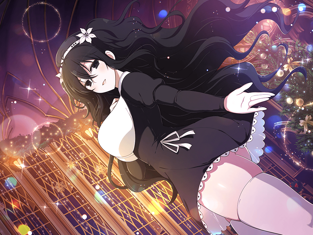 1girl ass beret black_eyes black_hair blush breasts christmas christmas_ornaments christmas_tree dress flower fubuki_(senran_kagura) hair_flower hair_ornament hand_on_own_chest hat hibiscus indoors lamp large_breasts long_hair looking_at_viewer looking_back night night_sky non-web_source official_art open_mouth outstretched_hand pale_skin senran_kagura senran_kagura_new_link sideboob skindentation sky smile snowflakes thighhighs wavy_hair yaegashi_nan