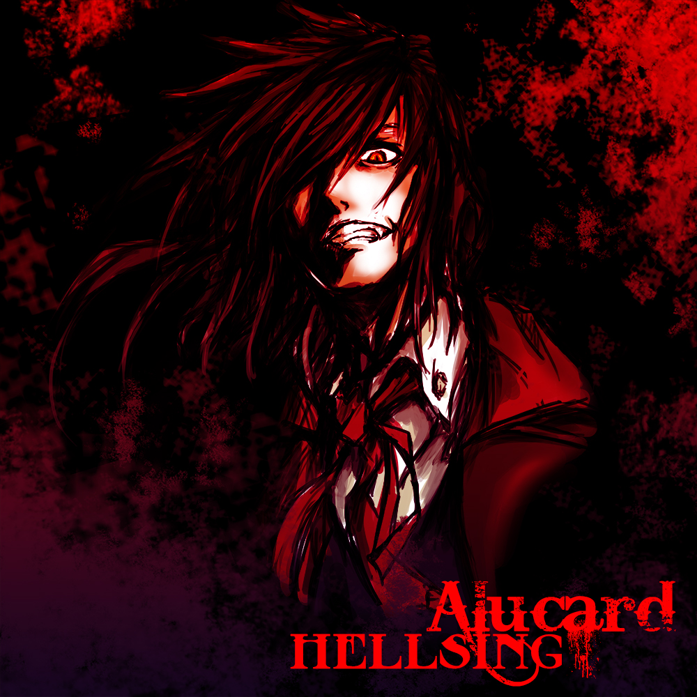 alucard_(hellsing) black_hair character_name clenched_teeth coat collared_shirt copyright_name evil_smile fang formal friction grin happy hellsing long_hair looking_at_viewer male_focus red_coat red_eyes shirt sketch smile solo suit teeth upper_body vampire white_shirt