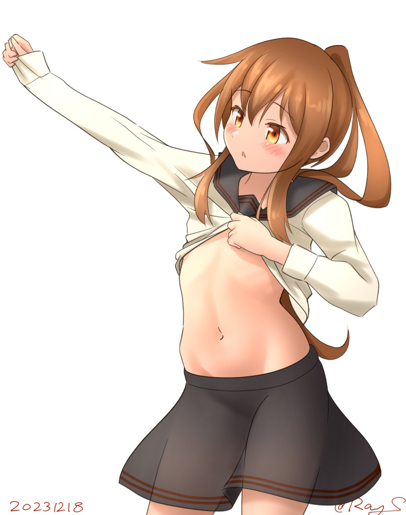 arm_up black_sailor_collar black_skirt brown_eyes brown_hair clothes_lift cowboy_shot dated dressing fumizuki_(kancolle) fumizuki_kai_ni_(kancolle) kantai_collection lifted_by_self long_hair navel one-hour_drawing_challenge ponytail ray.s sailor_collar school_uniform serafuku shirt shirt_lift simple_background skirt twitter_username white_background white_shirt