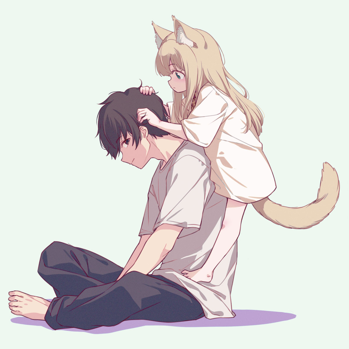 1boy 1girl 40hara animal_ears barefoot blonde_hair cat_ears cat_girl cat_tail closed_mouth commentary_request from_side grabbing_another's_hair hands_on_another's_head height_difference highres holding_another's_hair kinako_(40hara) light_smile long_hair long_shirt on_person original profile shadow shirt simple_background sitting t-shirt tail tail_raised tsukioka_(40hara) white_background white_shirt