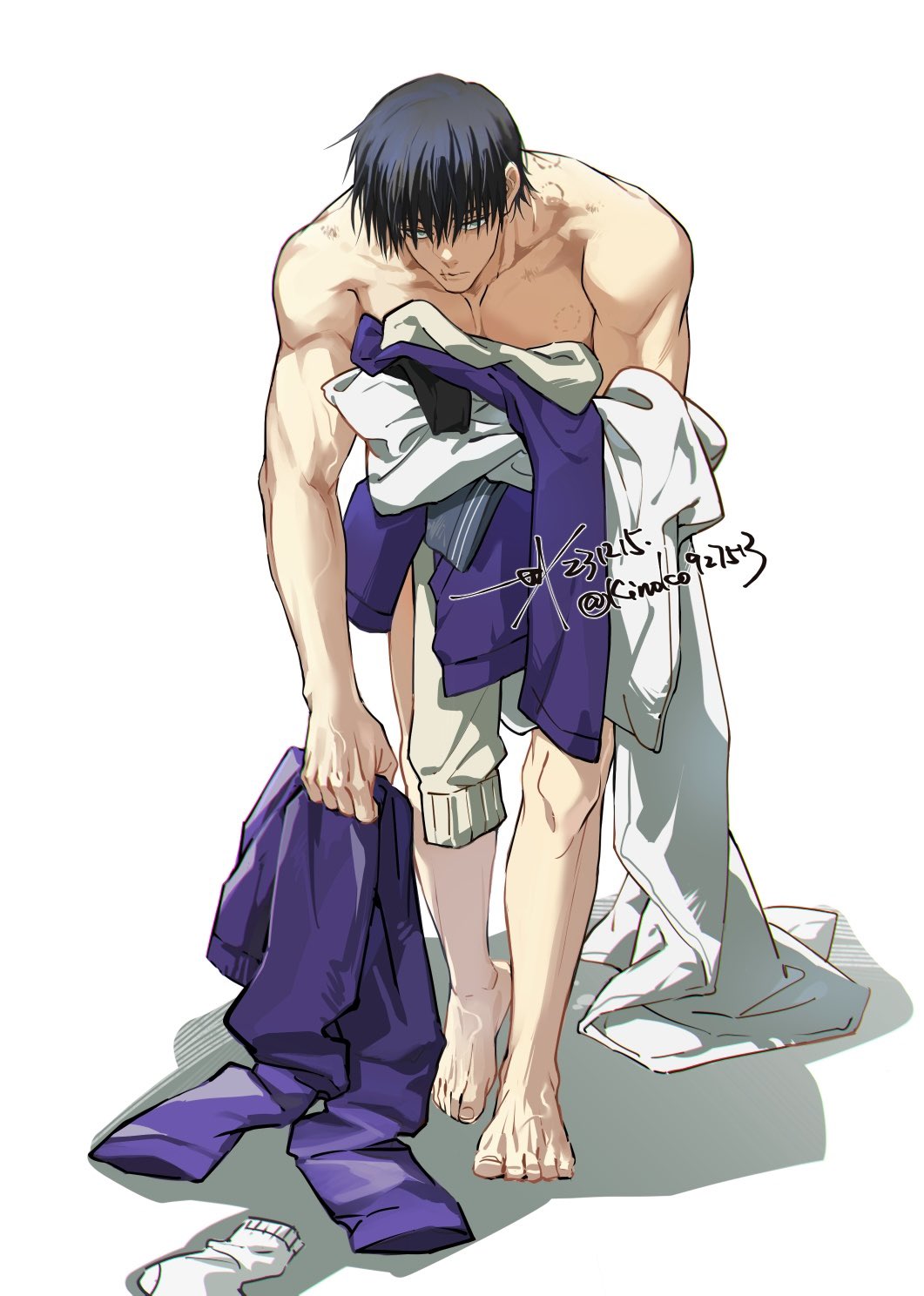 1boy barefoot bent_over bite_mark black_hair clothes fushiguro_touji green_eyes hickey highres holding holding_clothes jujutsu_kaisen looking_at_viewer muscular muscular_male nude pants sashiyu scar scar_on_face scar_on_mouth shirt socks solo white_socks