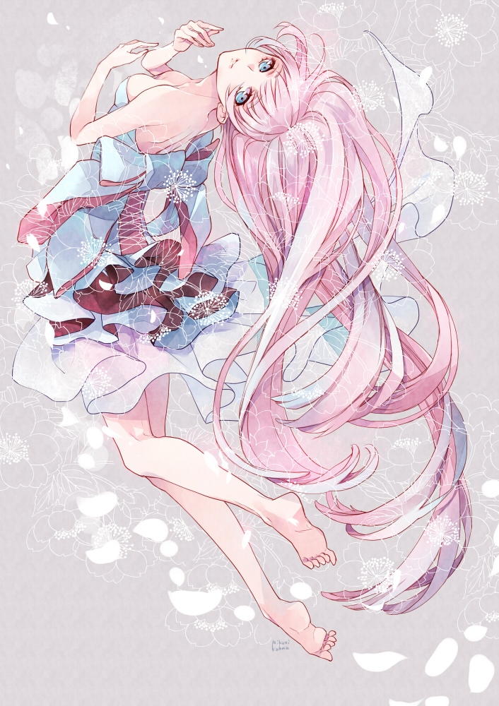 bare_shoulders barefoot blue_eyes dress long_hair mikuni_(mikunik) original pink_hair smile solo very_long_hair