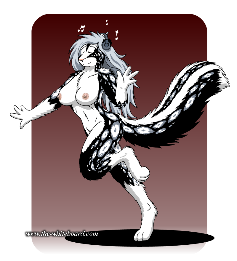 anthro breasts dancing doc_nickel electronics felid female fur gloves_(marking) hair headphones hybrid mammal markings mephitid nipples nude pantherine silver_hair simple_background skunk snow_leopard solo striped_markings stripes tail the_whiteboard webcomic