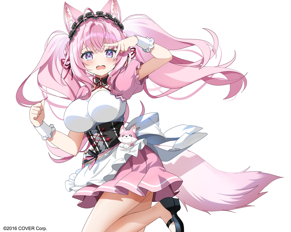 1girl animal_ear_fluff animal_ears apron arm_up black_footwear blush breasts fang frilled_apron frills hair_between_eyes hakui_koyori hololive kurot large_breasts long_hair official_art open_mouth pink_hair pink_skirt pleated_skirt puffy_short_sleeves puffy_sleeves purple_eyes shoes short_sleeves simple_background skirt solo standing standing_on_one_leg tail twintails v_over_eye very_long_hair virtual_youtuber waist_apron wavy_mouth white_apron white_background wrist_cuffs