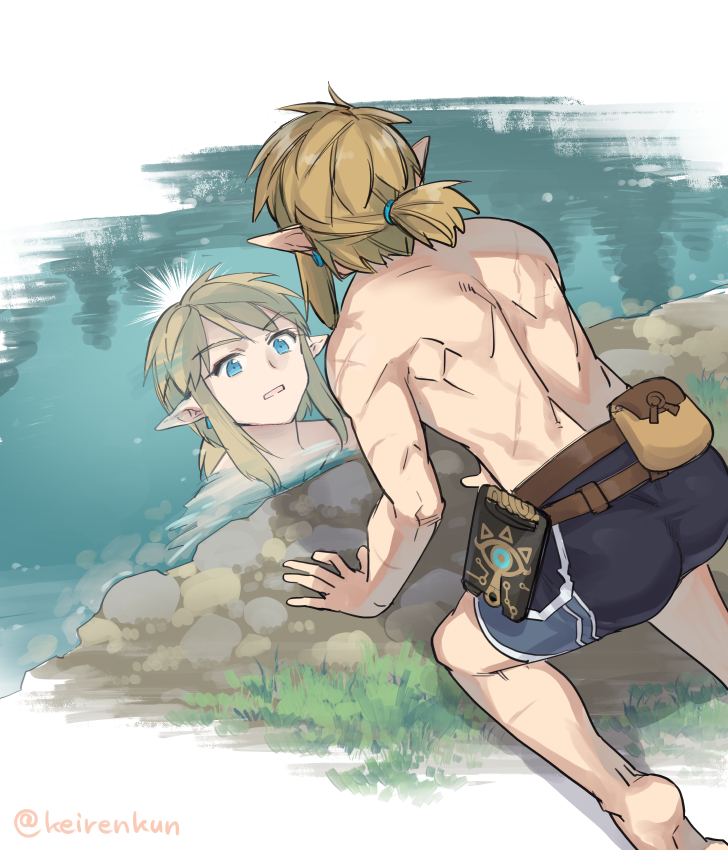 1boy all_fours ass barefoot black_shorts blonde_hair blue_eyes commentary_request earrings grass jewelry link male_focus monbetsu_kuniharu pointy_ears pouch reflection reflective_water scar scar_on_arm scar_on_back scar_on_shoulder sheikah_slate short_ponytail shorts solo the_legend_of_zelda the_legend_of_zelda:_tears_of_the_kingdom topless_male