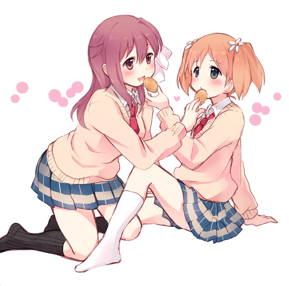 :d arm_support black_legwear blue_eyes blush brown_hair cookie feeding flower food hair_flower hair_ornament heart kneehighs kneeling multiple_girls necktie open_mouth red_eyes red_hair sakura_trick school_uniform simple_background sitting skirt smile sonoda_yuu sweater sweatshirt takayama_haruka tarabagani twintails white_background white_legwear yuri