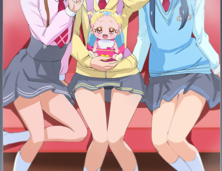 4girls baby black_panties blonde_hair blue_hair haruyama_kazunori hug-tan_(precure) hugtto!_precure kagayaki_homare l'avenir_academy_school_uniform long_hair looking_at_viewer multiple_girls nono_hana panties precure school_uniform short_hair skirt smile underwear yakushiji_saaya