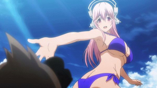 animated animated_gif ass bangs bare_shoulders bikini breast_squeeze breasts butt_crack cleavage hair_between_eyes headphones large_breasts long_hair looking_back mascot midriff navel nitroplus non-web_source open_mouth pink_hair pose red_eyes screencap shiny shiny_skin side-tie_bikini skindentation smile soniani super_sonico swimsuit v_arms wide_hips