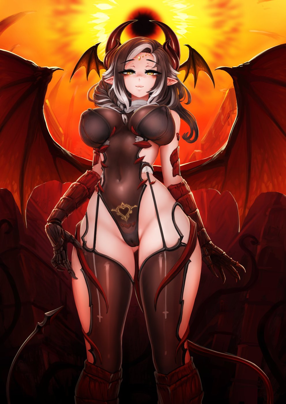 1girl :3 ass_visible_through_thighs barbariank bare_arms bare_shoulders black_garter_straps braid breasts brown_hair brown_leotard cameltoe claws commentary covered_nipples demon_girl demon_horns demon_tail demon_wings english_commentary eyes_visible_through_hair garter_straps glowing_tattoo hair_over_shoulder head_wings heart heart_tattoo highleg highleg_leotard highres horns jewelry large_breasts leotard long_hair looking_at_viewer making-of_available multicolored_hair navel original pointy_ears pubic_tattoo scales smile solo streaked_hair tail tattoo thighhighs two-tone_hair white_hair wings yellow_eyes