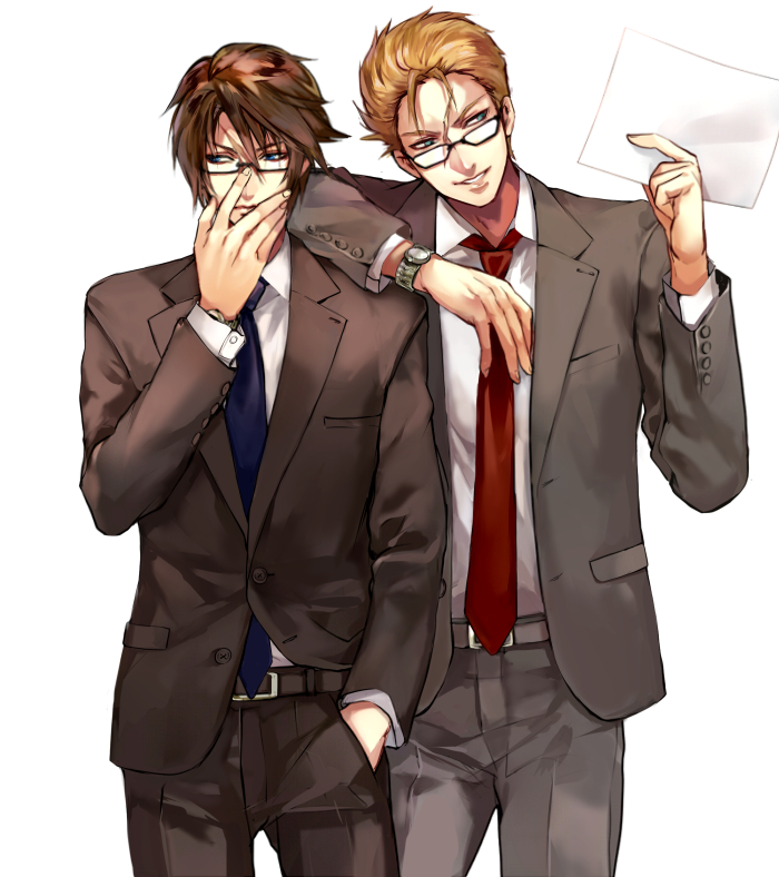 2boys adjusting_eyewear alternate_costume alternate_universe belt black_belt black_jacket black_pants black_suit blonde_hair blue_eyes blue_necktie brown_hair collared_shirt commentary elbow_on_another's_shoulder final_fantasy final_fantasy_viii glasses grey_jacket grey_suit grin hair_slicked_back hand_in_pocket hand_up hands_up holding holding_paper jacket leaning_on_person looking_to_the_side male_focus multiple_boys necktie open_clothes open_jacket pants paper rectangular_eyewear red_necktie salaryman scar scar_on_face seifer_almasy semi-rimless_eyewear shirt short_hair simple_background smile solo squall_leonhart standing suit suit_jacket tama_(tmfy5) upper_body watch white_background white_shirt wristwatch