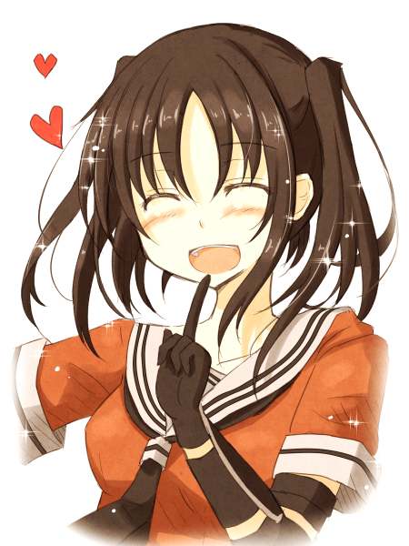 ^_^ bangs blush brown_hair closed_eyes elbow_gloves gloves heart kantai_collection mashayuki open_mouth pointing pointing_up sendai_(kantai_collection) smile solo two_side_up upper_body