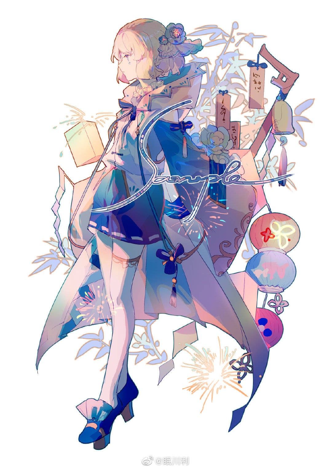 1girl bare_shoulders blonde_hair blunt_ends cape closed_mouth clothing_cutout expressionless fireworks flower frilled_footwear from_side full_body gohei gradient_skirt gradient_sleeves hair_flower hair_ornament high_heels highres holding holding_gohei hood hood_down hooded_cape lantern lobelia_(saclia) long_sleeves miniskirt nontraditional_miko original paper_lantern purple_eyes purple_flower purple_footwear purple_skirt purple_sleeves ribbon-trimmed_skirt ribbon_trim sample_watermark short_hair shoulder_cutout simple_background single_thighhigh skirt sleeves_past_fingers sleeves_past_wrists solo source_request thighhighs third-party_source vest watermark weibo_logo weibo_username white_background white_cape white_flower white_hood white_thighhighs white_vest wide_sleeves