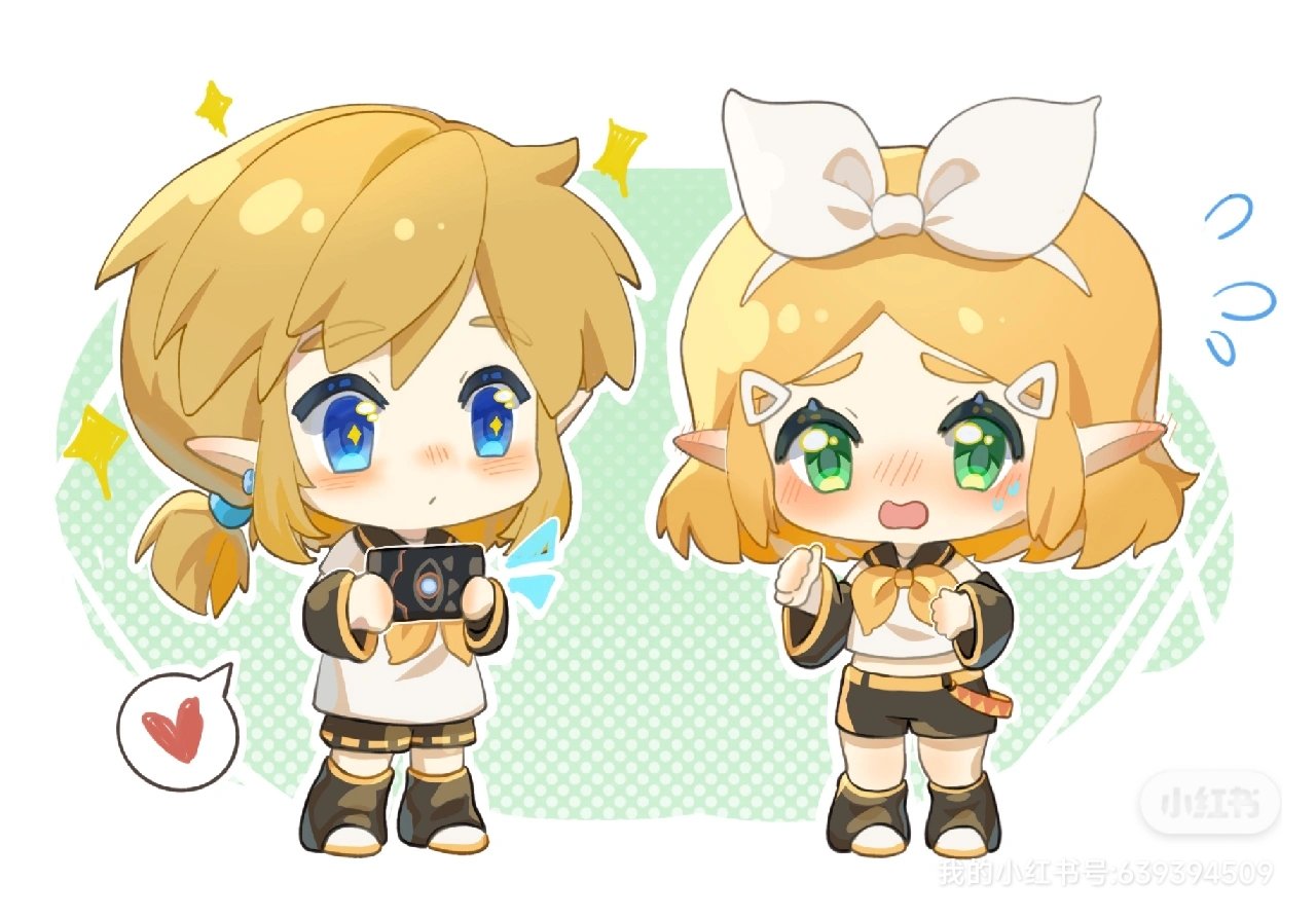 +_+ 1boy 1girl black_shorts blonde_hair blue_eyes blush chibi chinese_commentary commentary_request cosplay detached_sleeves flying_sweatdrops green_eyes hair_ornament hairband hairclip heart kagamine_len kagamine_len_(cosplay) kagamine_rin kagamine_rin_(cosplay) link pointy_ears princess_zelda sailor_collar sailor_shirt sheikah_slate shirt shorts spoken_heart sweat the_legend_of_zelda the_legend_of_zelda:_breath_of_the_wild vocaloid white_hairband yun_(dl2n5c7kbh8ihcx)