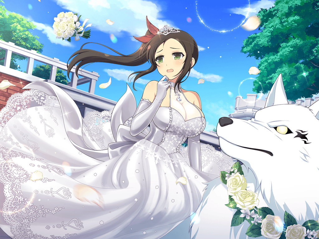bouquet bouquet_toss breasts bridal_gauntlets building cleavage cloud cloudy_sky day dress falling_petals green_eyes hair_ribbon large_breasts long_hair looking_to_the_side murakumo_(senran_kagura) non-web_source official_art open_mouth petals ribbon senran_kagura senran_kagura_new_link side_ponytail sky tiara tree wedding wedding_dress white_wolf wolf worried