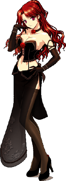 bare_shoulders black_gloves black_legwear black_shoes black_skirt breasts corset elbow_gloves gloves high_heels large_breasts long_skirt mabinogi red_hair rua shoes side_slit skirt thighhighs