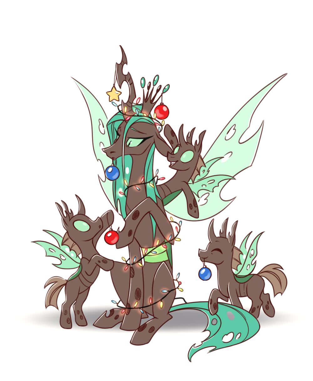 28gooddays arthropod baubles changeling christmas_decorations christmas_ornament decorating drone_(mlp) fairy_lights friendship_is_magic hasbro hi_res horn insect_wings my_little_pony queen_chrysalis_(mlp) wings