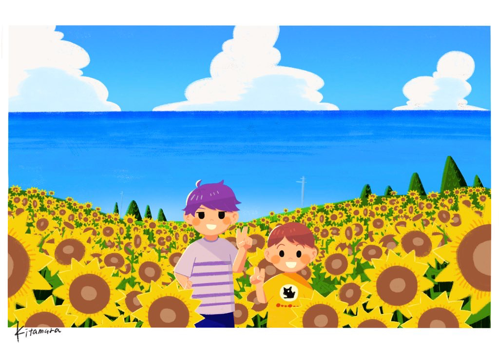 2boys ahoge artist_name black_eyes blue_pants blue_sky blush_stickers boku_(boku_no_natsuyasumi) boku_no_natsuyasumi border brown_hair child cloud cloudy_sky commentary_request cumulonimbus_cloud field flower flower_field hand_on_own_hip height_difference horizon jack-o'_ran-tan jitome kitamura_(ktmrdayo0330) looking_at_viewer male_focus multiple_boys napoli_no_otokotachi open_mouth outdoors pants shirt short_hair short_sleeves side-by-side sky smile solid_oval_eyes standing striped striped_shirt summer sunflower sunflower_field t-shirt v white_border yellow_shirt