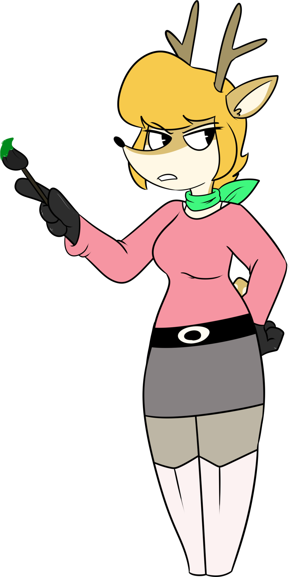 2018 4_fingers alpha_channel anthro antlers artist belt_buckle biped black_belt black_eyebrows black_eyelashes black_eyes black_nose boots bottomwear bra bra_peek bra_strap breasts brown_antlers brown_horn brush chokovit_(artist) clothed clothed_anthro clothed_female clothing clover_pennyworth colored countershade_face countershade_neck countershading deer digital_drawing_(artwork) digital_media_(artwork) eyebrow_through_hair eyebrows eyelashes eyelashes_through_hair female female_anthro fingers footwear front_view full-length_portrait fur furgonomic_footwear furgonomics glistening glistening_hair green_kerchief green_neckerchief green_neckwear grey_bottomwear grey_clothing grey_skirt hair hand_on_hip hi_res holding_brush holding_object holding_paintbrush horn kerchief knee_boots knee_highs legwear looking_aside mammal markings multicolored_body neckerchief paintbrush pencil_skirt pink_clothing pink_sweater pink_topwear portrait prick_ears scut_tail short_tail simple_background skirt solo spots spotted_markings spotted_tail standing sweater tail tail_markings tan_body tan_countershading tan_ear tan_fur tan_inner_ear tan_spots tan_tail teeth topwear translucent translucent_hair transparent_background two_tone_body underwear unguligrade unguligrade_anthro white_boots white_clothing white_footwear
